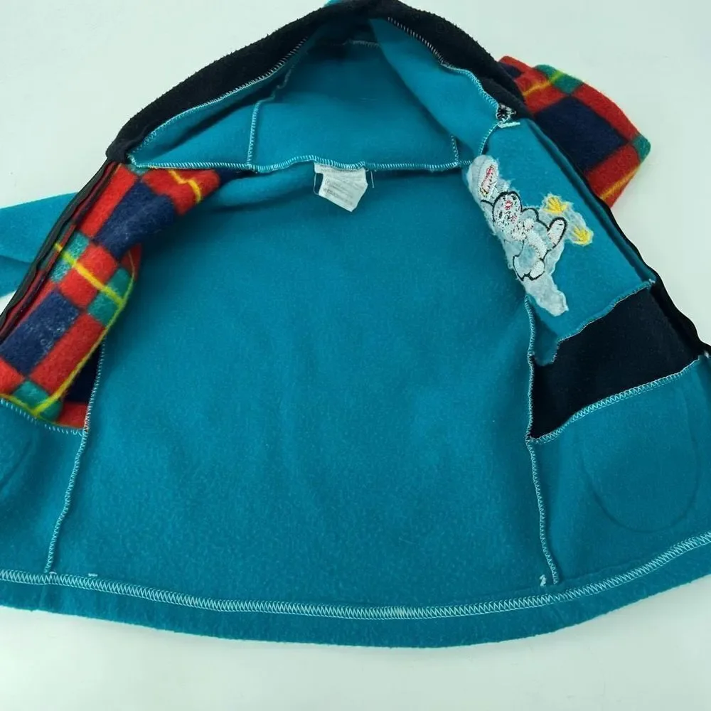 Vintage Bunny Rabbit Turquoise Red Plaid Fleece Jacket‎